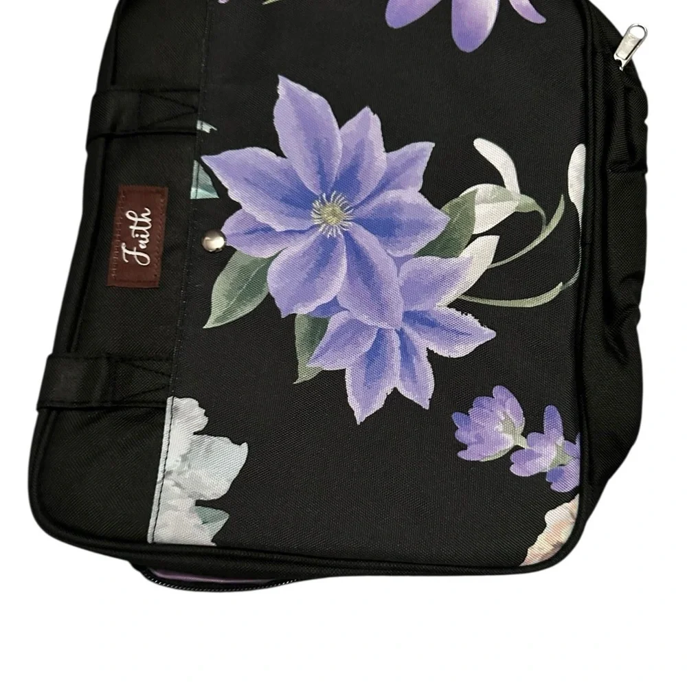 Faith Floral Black Tote Bag with Purple Flowers